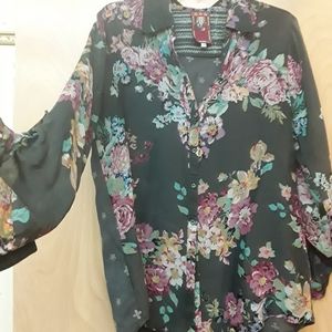 Johnny Was Black Floral Embroidered Boho Top
